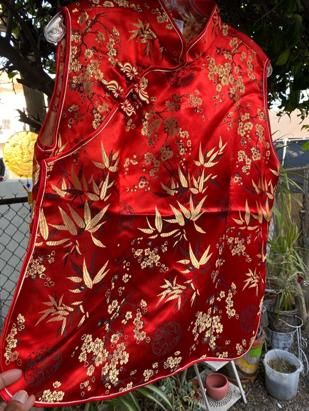 Red Gold Floral Satin Mandarin Collar Swim Cover-Up